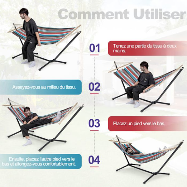 COSTWAY Hængekøje med Robust Metalstøtte, Stabil Støtte på 320 cm Lang og Poly-Cotton Lærred 210 x 100 cm, 150KG, Farverig Färgad