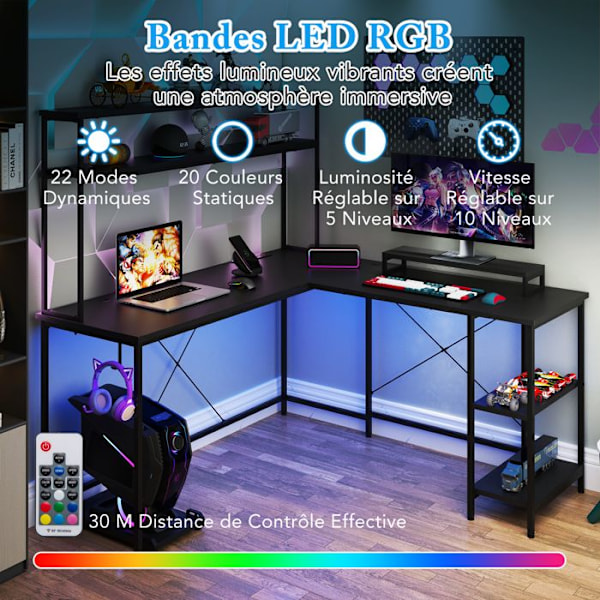 COSTWAY Reversibel Vinkelbureau - RGB Lys - Strømstik - Skærm & CPU Stativ - Sort Opbevaringshylder
