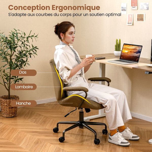 COSTWAY Ergonomisk Dreje Kontorstol i Suedelstof med Hjul - Højdejusterbar Sædehøjde 45-52 cm
