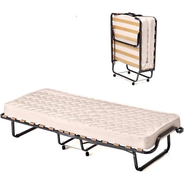 COSTWAY hopfällbar säng 80 x 200 cm, ortopedisk minnesmadrass 10 cm, 4-hjuls sängram för gäster, belastning 120 kg, beige Ramfärg: Svart | Madrass färg: Beige