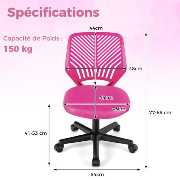 COSTWAY Ergonomisk kontorsstol i mesh, justerbar sitthöjd 41-53 cm, för barn, tonåringar, vuxna, rosa Rosa