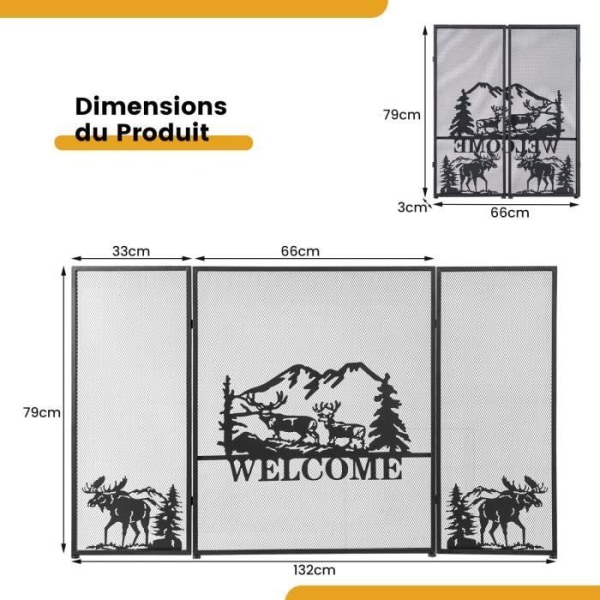 COSTWAY 3-fold pejseskærm Foldbar med elgmønster til komfur - Kraftig metalramme med pulverbelægning - 132 x 79 cm