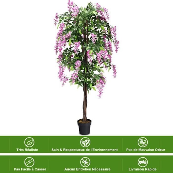 Keinotekoinen kasvi vaaleanpunaisilla tekokukilla 180 cm:n väärennöspuu ruukulla sisä- tai ulkokäyttöön Wisteria
