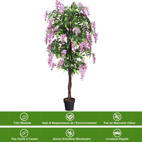 Konstgjord växt med falska rosa blommor 180 cm falskt träd med kruka inomhus eller utomhusdekoration Wisteria