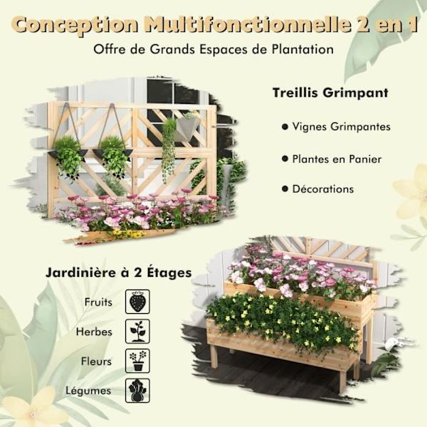 COSTWAY planteringskar med 2-vånings spaljé gjord av granträ Rektangulär blomsterlåda med dräneringshål för klätterväxt Naturlig