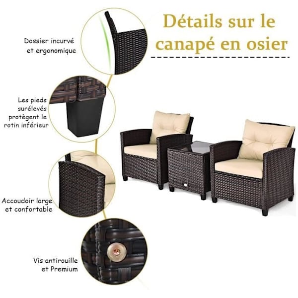COSTWAY Rattan Havesæt - 3 stykker - Belastning 180 kg - 2 lænestole og sofabord med hærdet glasplade Brun+beige Brun+beige