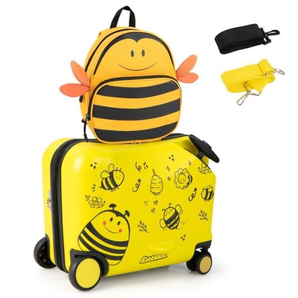 COSTWAY barnväska på hjul 18” med 12” ryggsäck, vattentäta skalhjul, infällbart handtag, Bee, 3 år+, gul