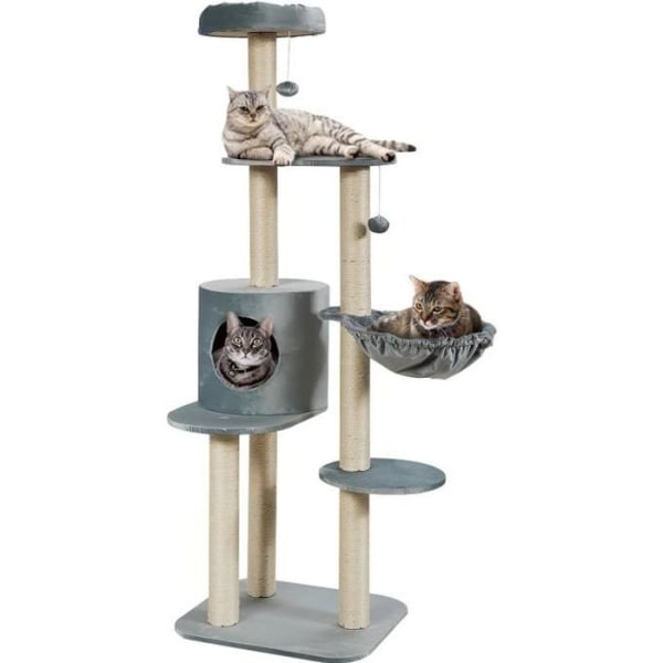 COSTWAY 144 CM kattträd med skrapstolpar, 2 hängande pumps, hängmatta och kennel, aktivitetscenter för katt/kattunge, grå