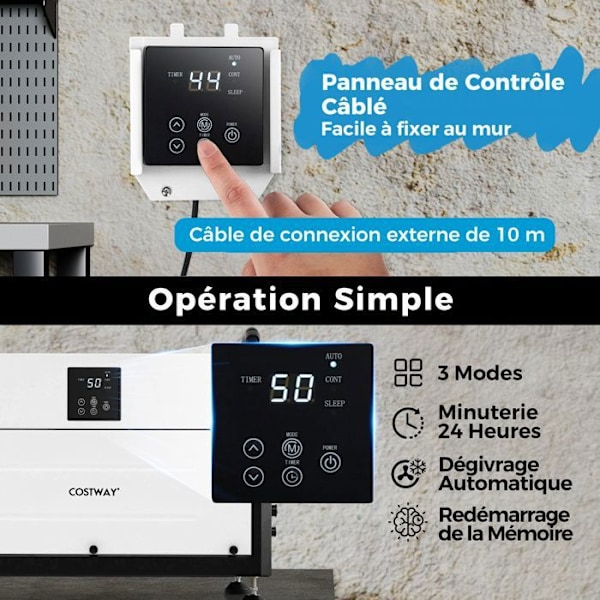 Professionel Affugter COSTWAY-73,5 L/Dag-3 Tilstande-24 Timers Timer-Forsinket Start-Op Til 100 m²-Automatisk Afrimning-Hvid