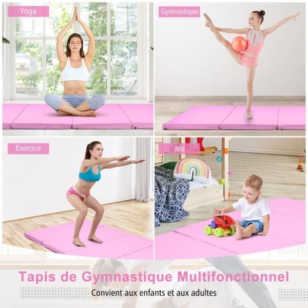 COSTWAY hopfällbar gymnastikmatta 240 x 116 x 5 cm-4-lagers PU-skum-2 handtag-4 kardborreborttagbart överdrag-Fitness, Yoga-Pink