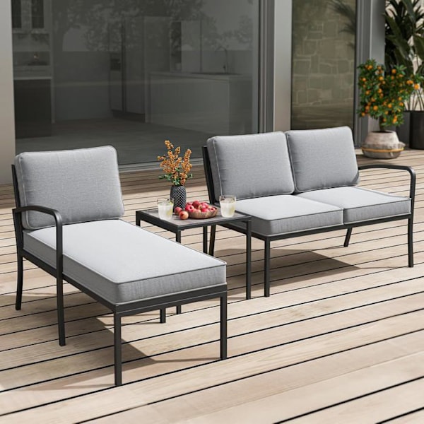 COSTWAY Havemøbel Sæt med Bord og Stole 3 Dele, Metalramme, Mesh Sidestof, Puder, til Have Terrasse Gårdhave