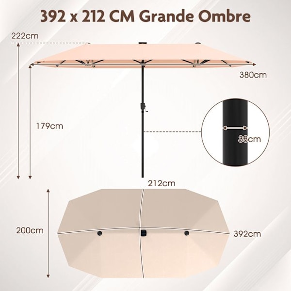 Rektangulær Have Parasol 392 x 212 x 222 cm - COSTWAY - 108 LED'er - 12 Stærke Spidser til UV-Beskyttelse Beige