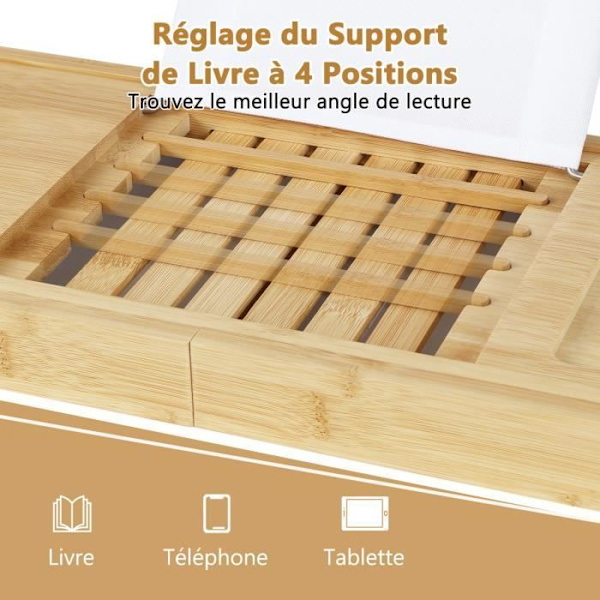 COSTWAY Bamboo Bathtub Caddy sisäänvedettävällä kahvalla, 4-asentoinen pidike, säilytyslokero, 70,5-105 x 22 x 4 cm