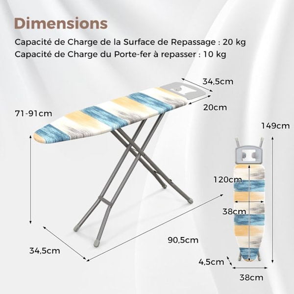 COSTWAY strygebræt med jernholder 149 x 38 cm, højdejustering på 7 niveauer, til hjemmet, vaskerum, flerfarvet