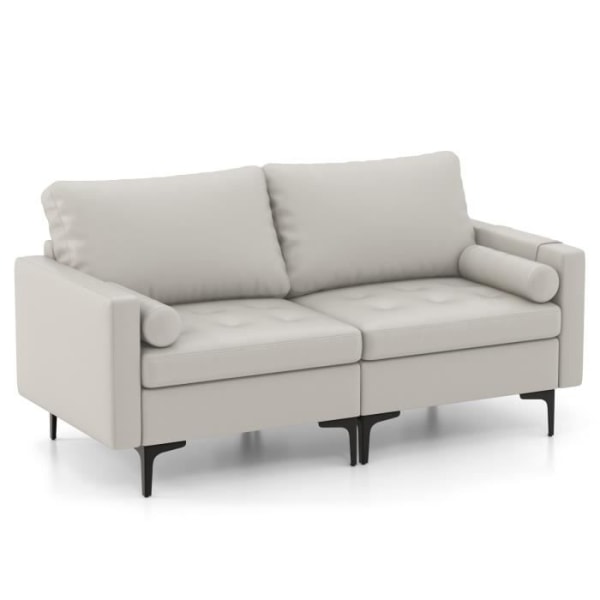 COSTWAY 2-personers sofa med sidelommer i åndbart og blødt luftlæder, metalstel, hynder medfølger. Grå Grå