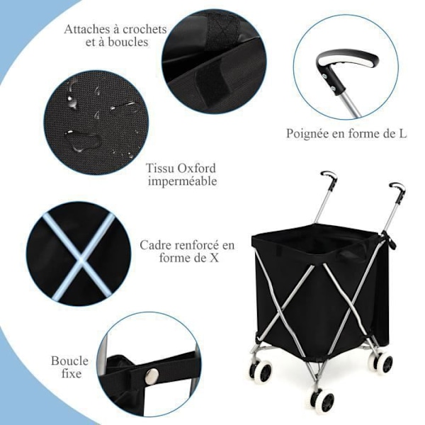 Foldbar Indkøbsvogn COSTWAY-90 L-Bremsesystem og 360° Styring-Oxford Taske-Vandafvisende-Stålramme-Kapacitet på 54 kg-Sort Svart