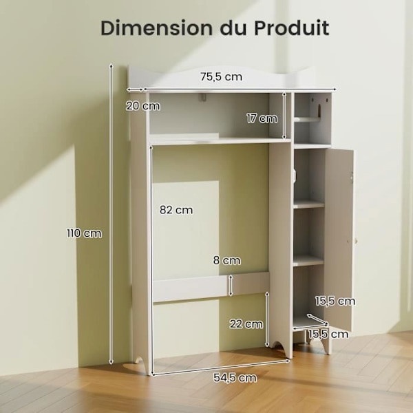 COSTWAY wc-istuin WC:n yläpuolella, 2 säädettävää hyllyä, kallistumaton, 75,5 x 20 x 110 cm, valkoinen Vit