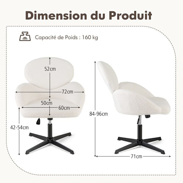 COSTWAY vridbar kontorsstol, justerbar höjd 42-54 cm och gungfunktion, robust metallunderrede, bred ergonomisk sits