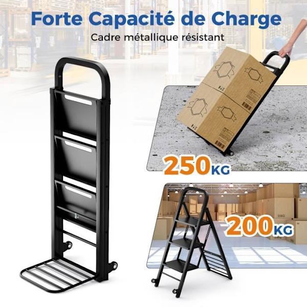 COSTWAY Foldetrappestige 3 trin - 2 i 1 transporthåndlastbil - 2 hjul - 200 kg vægt, 250 kg håndlastbil - metalramme - hjem, lager - sort