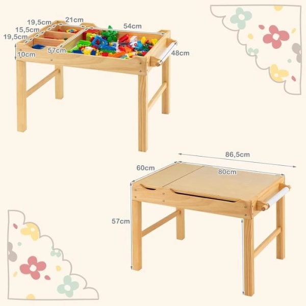 COSTWAY 2 i 1 børnebord med legoplader, skjult opbevaring, vendbar bakke med papirrulle til tegning i alderen 3+