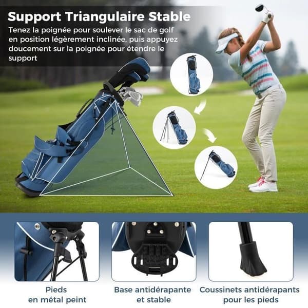 COSTWAY Bærebar Golfbag med Stativ - 4-Vejs Rumdeling - 4 Lynlåslommer - Isoleret Rum - Dobbelte Stropper - Regncover - Blå