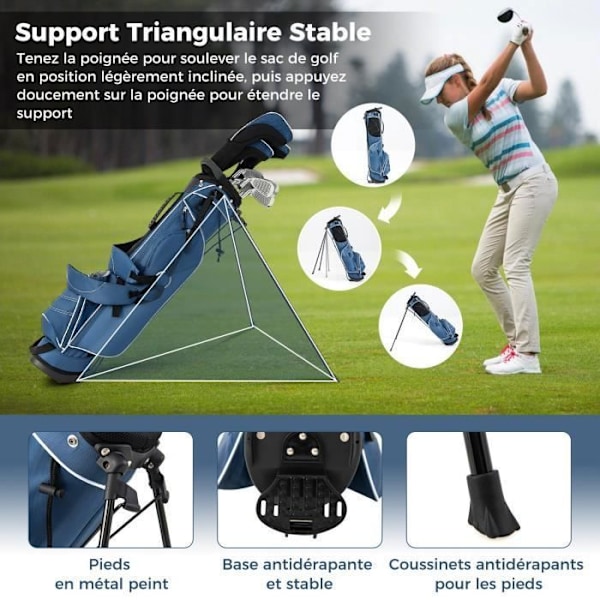 COSTWAY Portable Tripod Golf Bag - 4-vägsfack - 4 fickor med dragkedja - Kylväska - Dubbel axelrem - Regnskydd - Blå