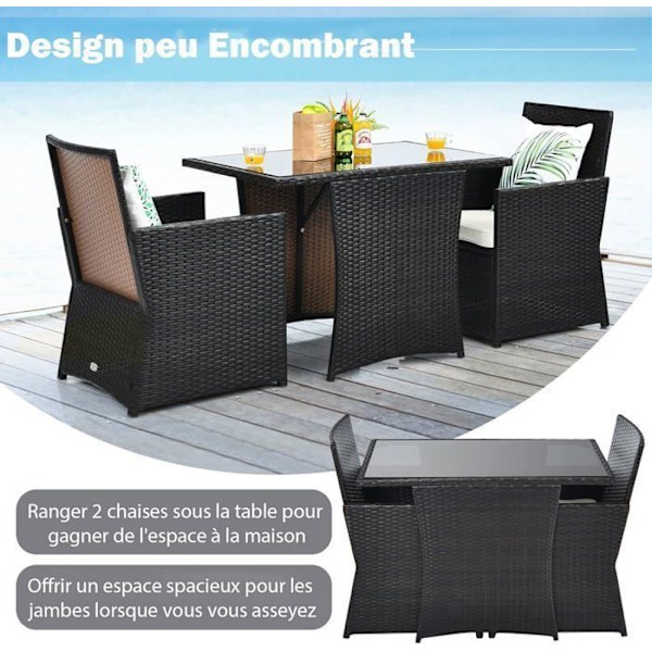 Ensemble 3 pièces table et chaises de jardin COSTWAY en rotin PE anti-UV - salon de jardin avec coussin amovible Blandat brunt
