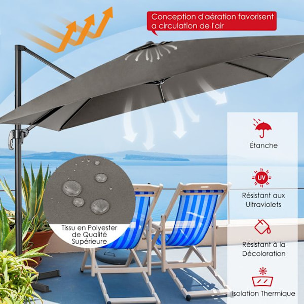 COSTWAY Parasol Deporter Inklinerbar 3x3M med Krydsbase 360° Rotation, Kranksystem, 8 Spiler, Ventilation til Have, Terasse Grå