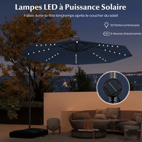 Parasol aflastet 3M 40 LED - COSTWAY - Krydsbase sandsæk - Polyesterstof UV 20+ Blå - Solpanel 6 Timer Blå