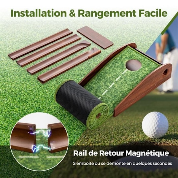 COSTWAY 277 cm Roll-Up Golf puttemåtte - Automatisk retur - 3 golfbolde - 4 justeringsguider - Magnetisk returholder