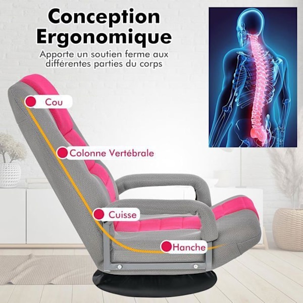 COSTWAY Fällbar Golvfåtölj - Justerbart Ryggstöd i 6 Positioner - Svängbar Bas 360° Metallram Max Belastning 150 KG, Rosa rosa och grå