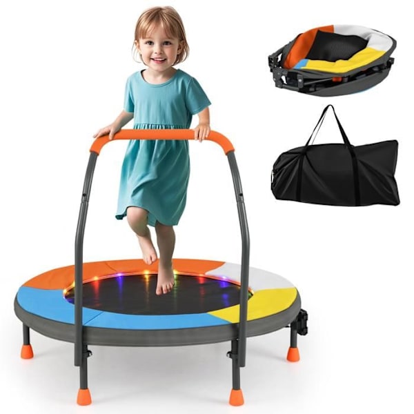 Børnetrampolin Ø90 CM COSTWAY med 20 farvede LED-lys, sammenklappelig, skumhåndtag, polstret betræk, 3+ år, Blå Blå
