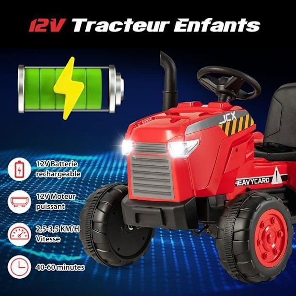 COSTWAY Eltraktor 12V 7AH - 2,4G Fjärrkontroll, Fjädrar, LED, Horn, Mjukstart, 3 - 8 År, Röd