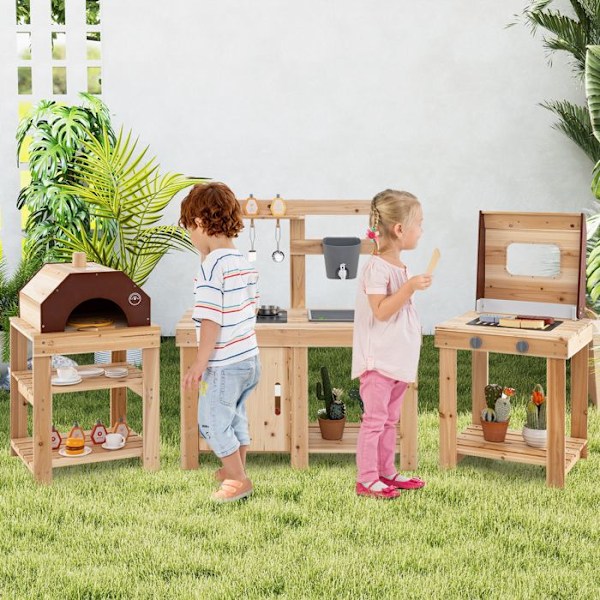 COSTWAY Børnekøkken 3 År+ Udendørs med Grill, Pizzarie, Vandtank, 15 Tilbehør