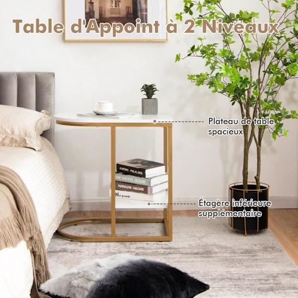 COSTWAY Side Table Marmorering med 2 Niveauer Guldbelagt Stål Sofa i Moderne Skandinavisk Stil