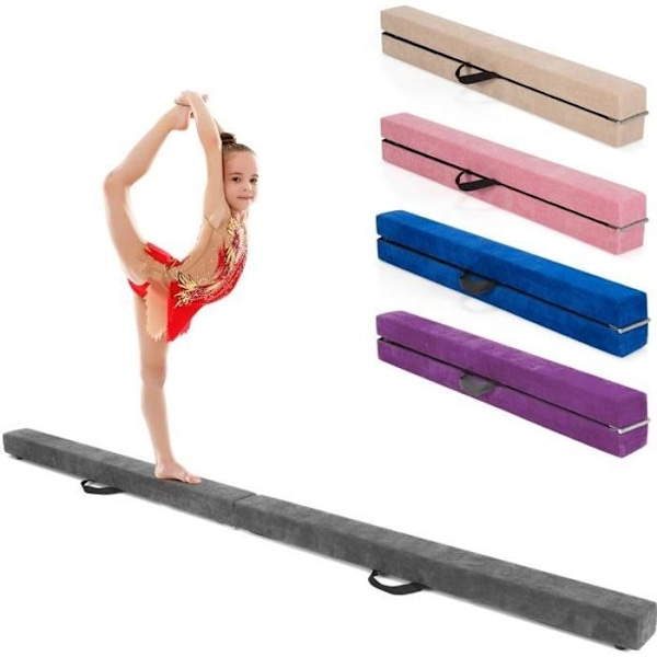COSTWAY hopfällbar gymnastikbalk 210 cm för barn med bärhandtag 4 halkskydd Grå mockaöverdrag
