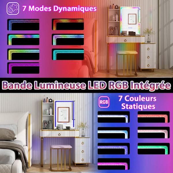 COSTWAY-kaappipöytä jakkaralla ja peilillä, himmennettävä RGB-LED-valo, langaton latausasema, USB, Type-C, kaukosäädin, valkoinen Vit