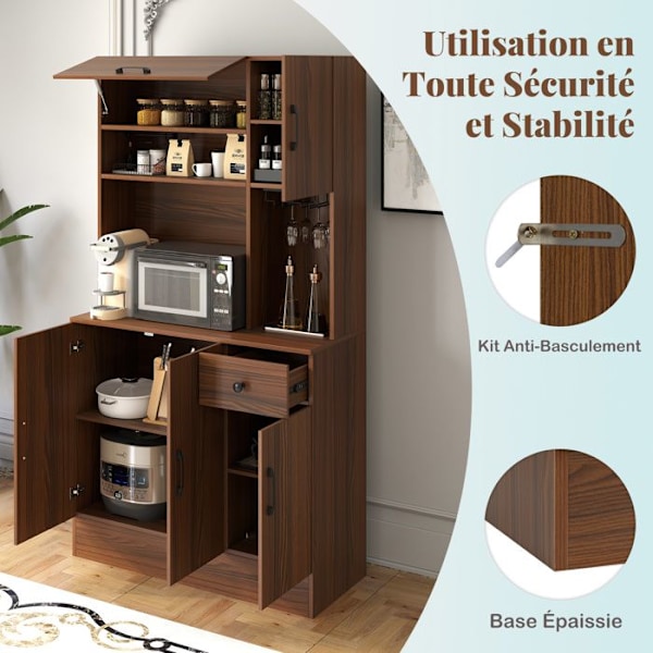 COSTWAY Køkkenbuffet 167 cm, Sammenklappelig Skab og Stikdåser, Glasting, Skuffe, Justerbare Hylder