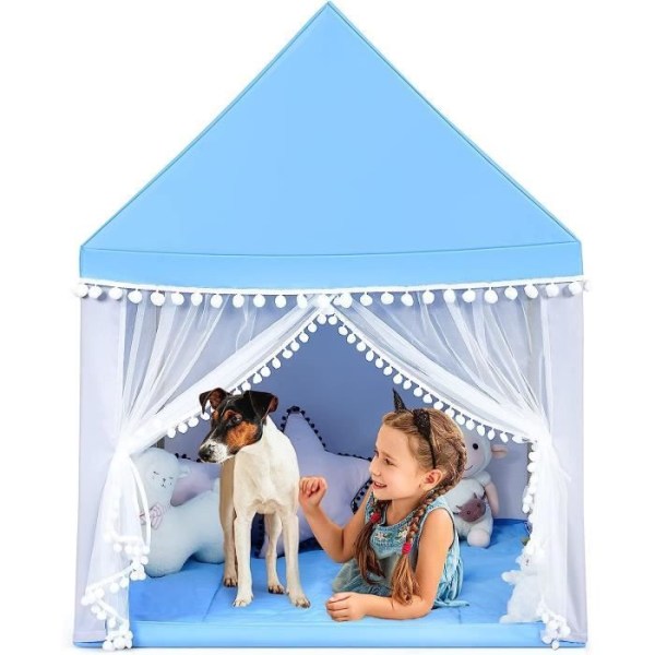 COSTWAY tält för 4 barn, lekstuga inomhus/utomhus med tvättbar matta 120 x 105 x 140 CM (L x B x H), Blå
