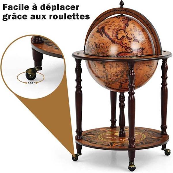 COSTWAY Bar Globe marin kartografi från 1500-talet, med 4 hjul och retrostil, för vardagsrum, bar, vinkällare, brun