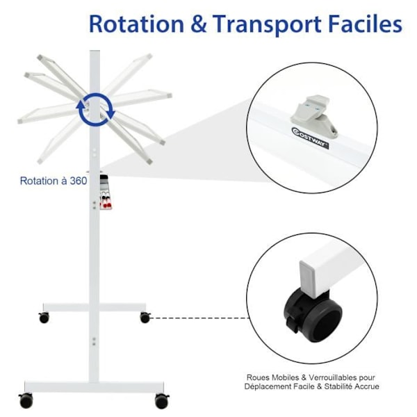 COSTWAY Magneettinen Valkotaulu 120x60cm Kaksipuolinen Käännettävä 360° Siirrettävä 2 Korkeus Kuivapoisto 12 Magneettia 6 Tussia Valkoinen