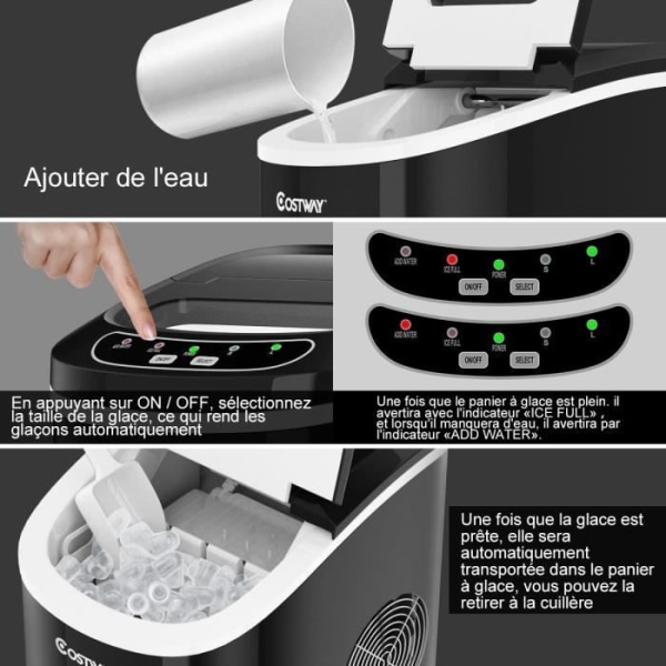 COSTWAY bärbar ismaskin för is 2,2 liters tank, 12 kg/24H 9 isbitar per 6-13 min, för hem, kontor, svart café