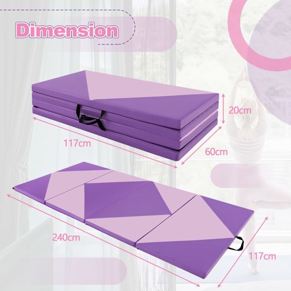 COSTWAY Foldbar Gymnastikmåtte 240 x 117 x 5 cm 4 Fold Taljeafskærmning i PU Læder med Selvklæbende Fastgørelser Lilla