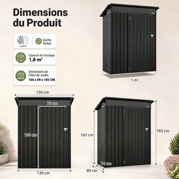 Uteförråd 150x89x185cm COSTWAY - Ljus PC-panel - Lutande tak - Ventilationsöppning - Låsbart dörr - Handskar - Grå