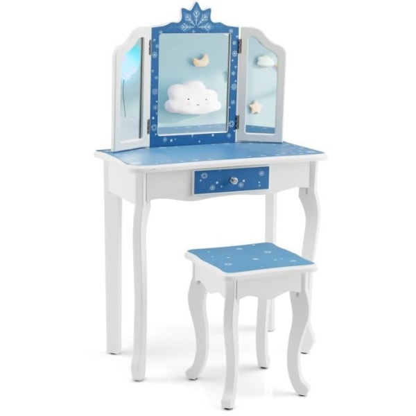 COSTWAY Sminkbord för barn med löstagbar 3-faldig spegel och pall, sminkbord med låda för barn 3 år+, blå