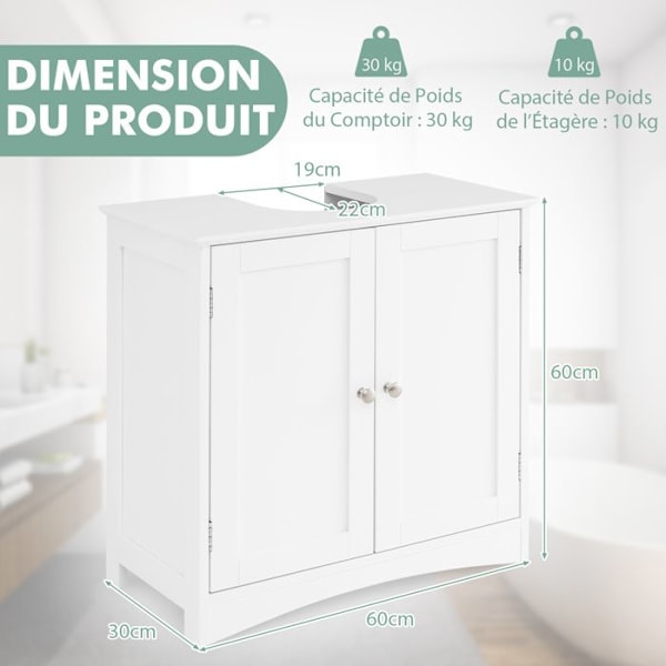 COSTWAY Vaskeskab L19 x D22 cm, med 2-dørs skab, 3 hylder til badeværelse, 60 x 30 x 60 cm, Hvid Vit