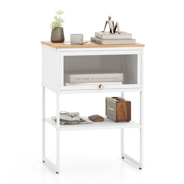 COSTWAY 3-etagers sengebord med foldedør, 40 x 32 x 56 cm, moderne sidebord til stue, soveværelse, hvid Vit