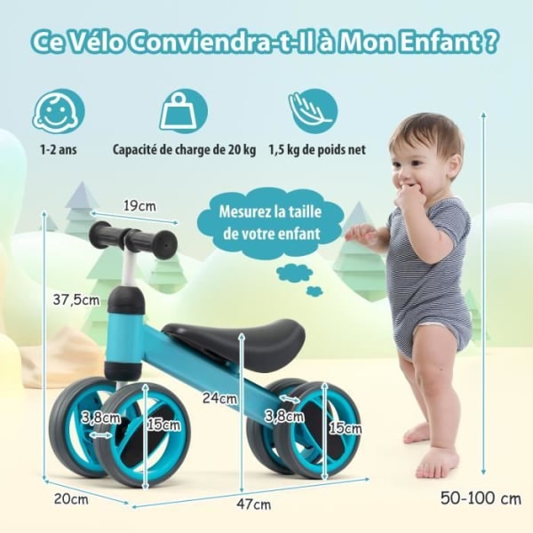 COSTWAY Baby Balanscykel, Pedallös Balanscykel - 4 Hjul Första födelsedagsjulklapp för barn 1-2 år Blå