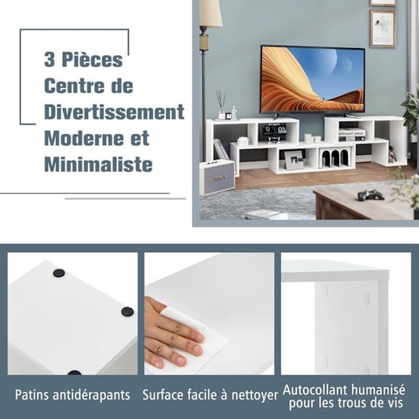COSTWAY 65" TV-möbel i 3 delar modulär, modulär bokhylla för vardagsrum, sovrum, TV-möbel i trä, 135x30x43cm, vit