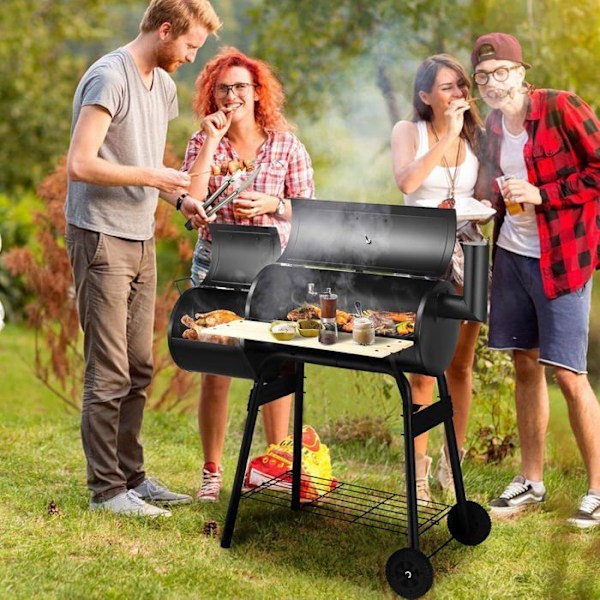 COSTWAY Charcoal Grill-Fjärrrökare, Lock-2 Hjul-Eldlåda-Sidobord-Termometer, Grill, 115x65x108cm Svart